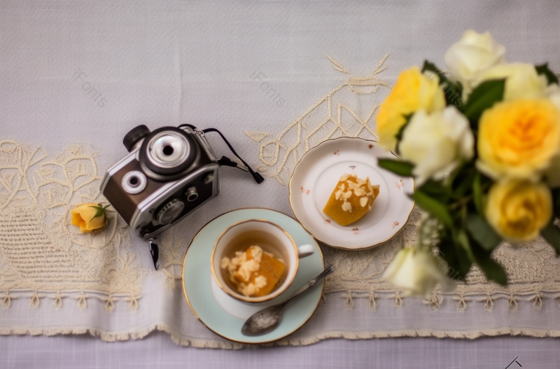 精致下午茶咖啡与鲜花相机俯拍摄影,高清,摄影图,摄影图片,图片大全,摄影图免费下载